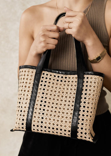 Margot Natural Rattan and Black Leather Tote
