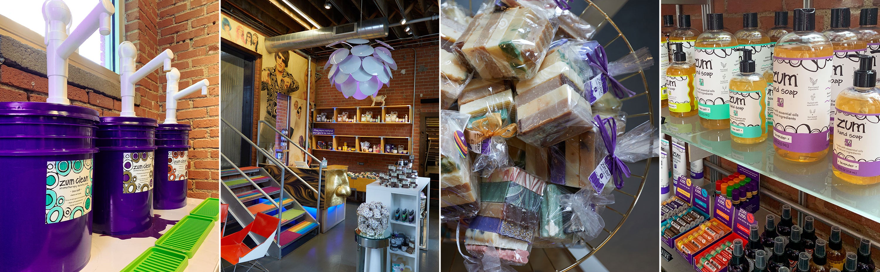 4 Squares with images in them. First square is a picture of Sea Salt, Frankincense & Myrrh, Patchouli Zum Laundry Soap filled purple barrels with white pumps. Second image of the inside of the Zum Factory Store - a colorful environment, with rows of shelves with Zum products. Third picture is an aerial shot of different Zum Bar Soap pound bags on a basket. Fourth pictures is a close up shot of the shelves at the Factory store - filled with Zum Hand Soap 12 fl. oz. and refill, Zum Kiss Sticks, Zum Body Hand & Body Lotion and Zum Body Oil.