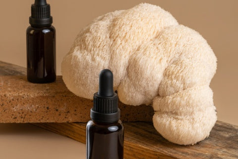 Two tinctures beside a large lion's mane mushroom.