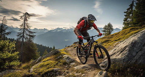 A cyclist riding a mountain bike with a suspension system