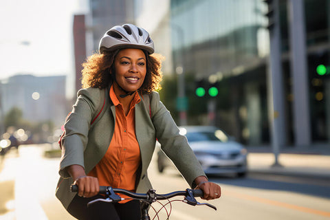 A woman on a bicycle wearing a helmet