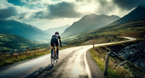 A cyclist riding a bike on a long ride through the mountains