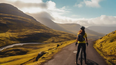 A person cycling on a road with a beautiful landscape in the background