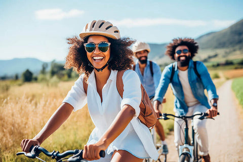 An image showing a person riding a bicycle with a smile on their face, promoting cycle for mental health as a positive social aspect of cycling.