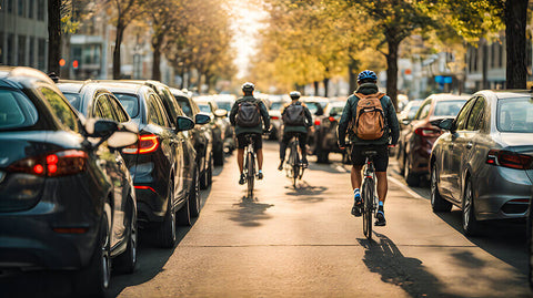 Various road users including slow moving vehicles, motor vehicles, and bicycle riders sharing the road