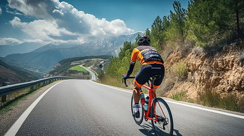 A cyclist riding outdoors on an open road in the sun