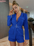 Belted Blazer and Shorts Set with Pockets - Royal Blue / S