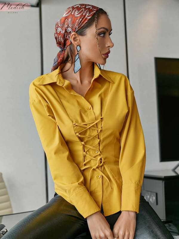 Lace-Up Button Down Shirt - Mustard / S
