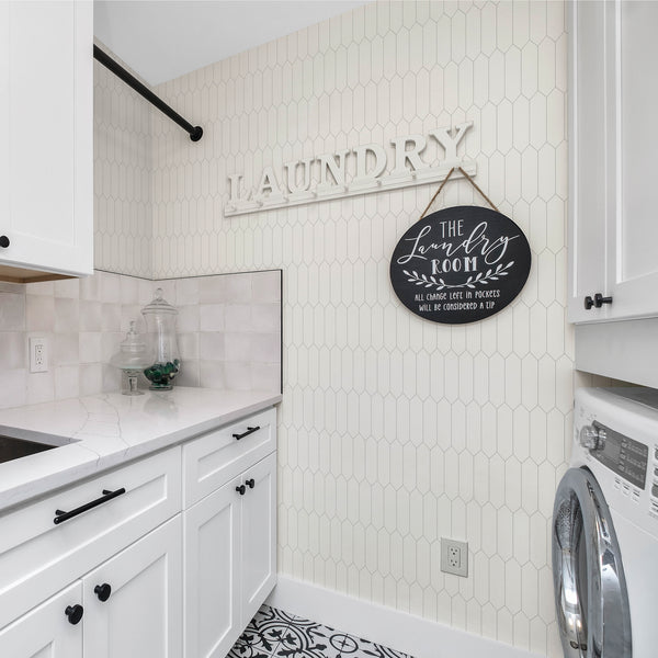 long hexagon tile backsplash for laundry room