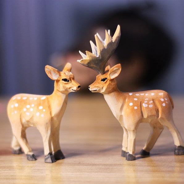 Deer Figurines Hand Carved Painted Wooden