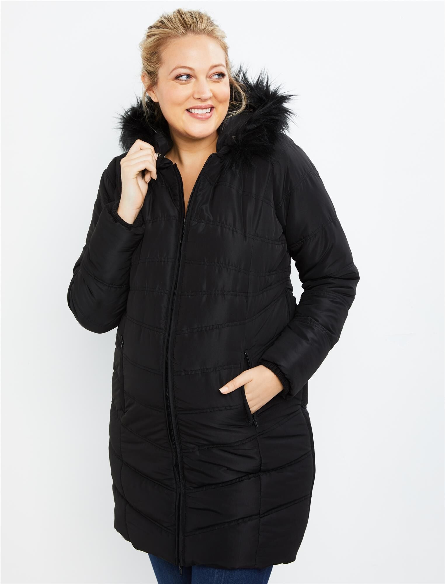 Black Quilted Sherpa Collar Maternity Jacket– PinkBlush