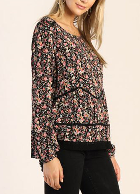 Skies Are Blue, Ditsy Floral Black Top