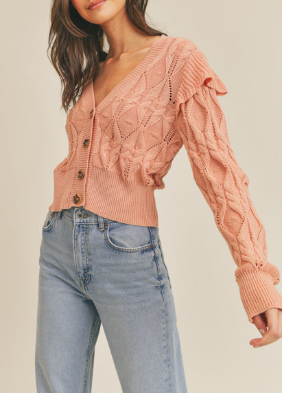 LUSH, Ruffle Shoulder Rouge Cardigan