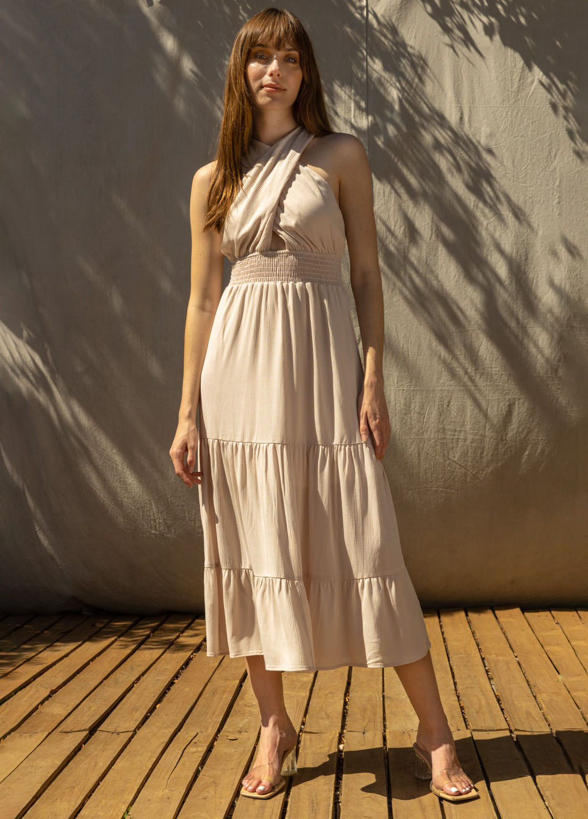 Beautiful Breezes Ivory Striped Linen Tiered Midi Dress