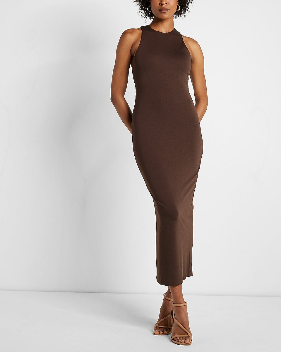 Express, Body Contour High Neck Back Cutout Maxi Dress in Espresso Brown