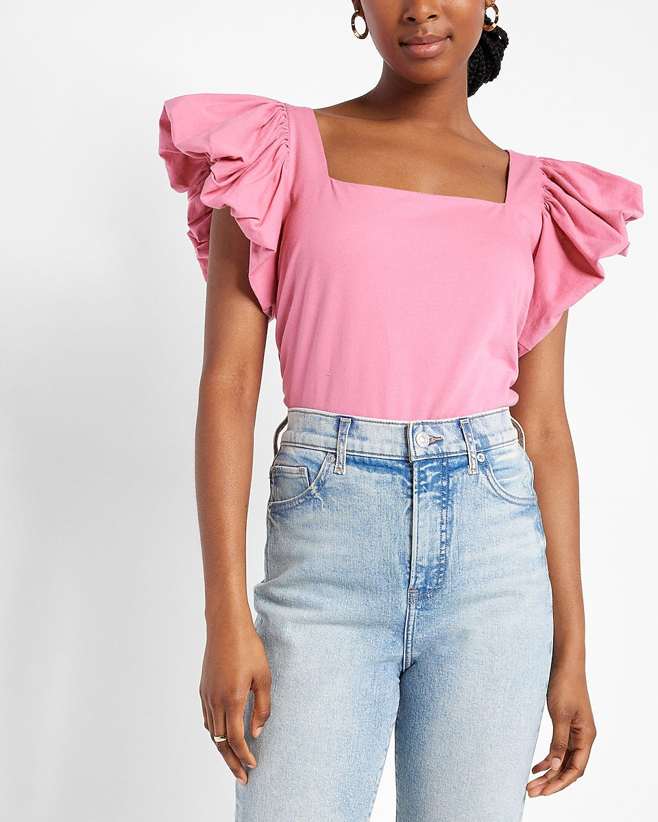 Square Neck Puff Sleeve Tie Waist Crop Top