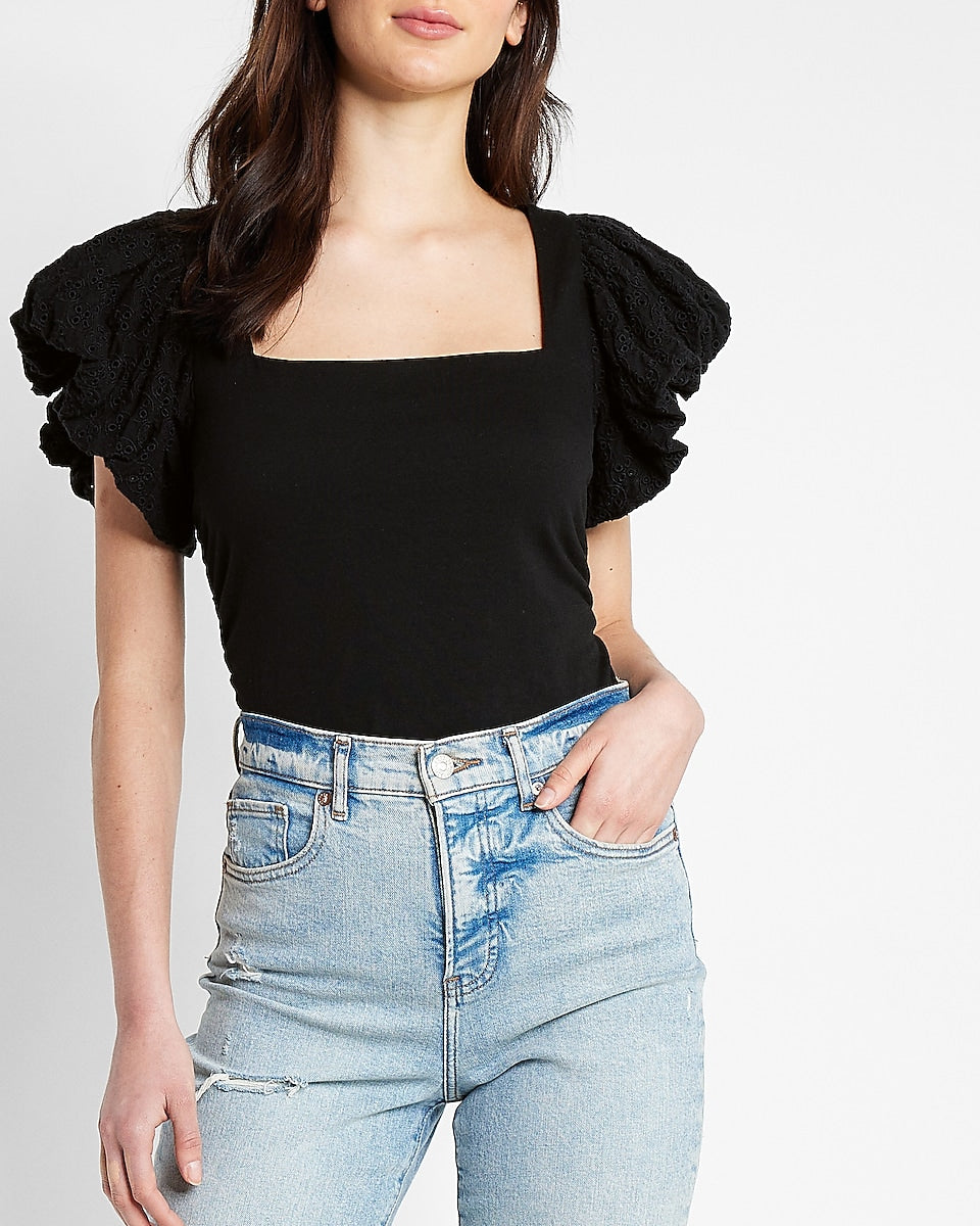 Express, Square Neck Eyelet Sleeve Tie Back Tee in Pitch Black