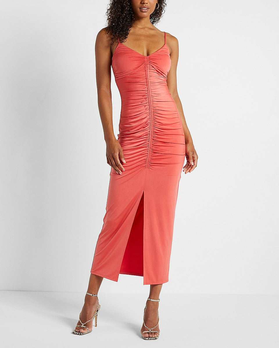 Express, Body Contour Built-In Shapewear Ruched Midi Dress in Coral Orange