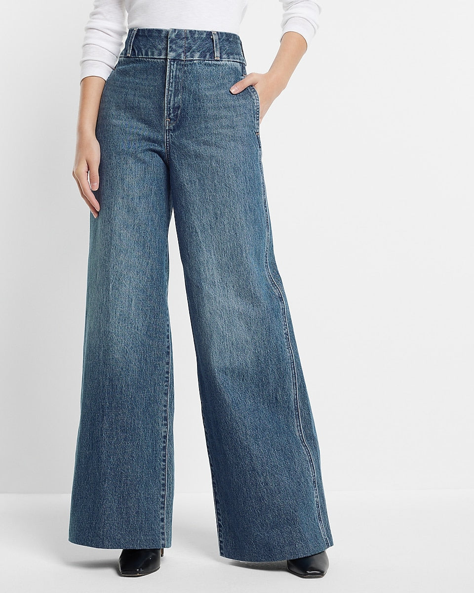 Express, High Waisted Medium Wash Wide Leg Jeans in Medium Wash