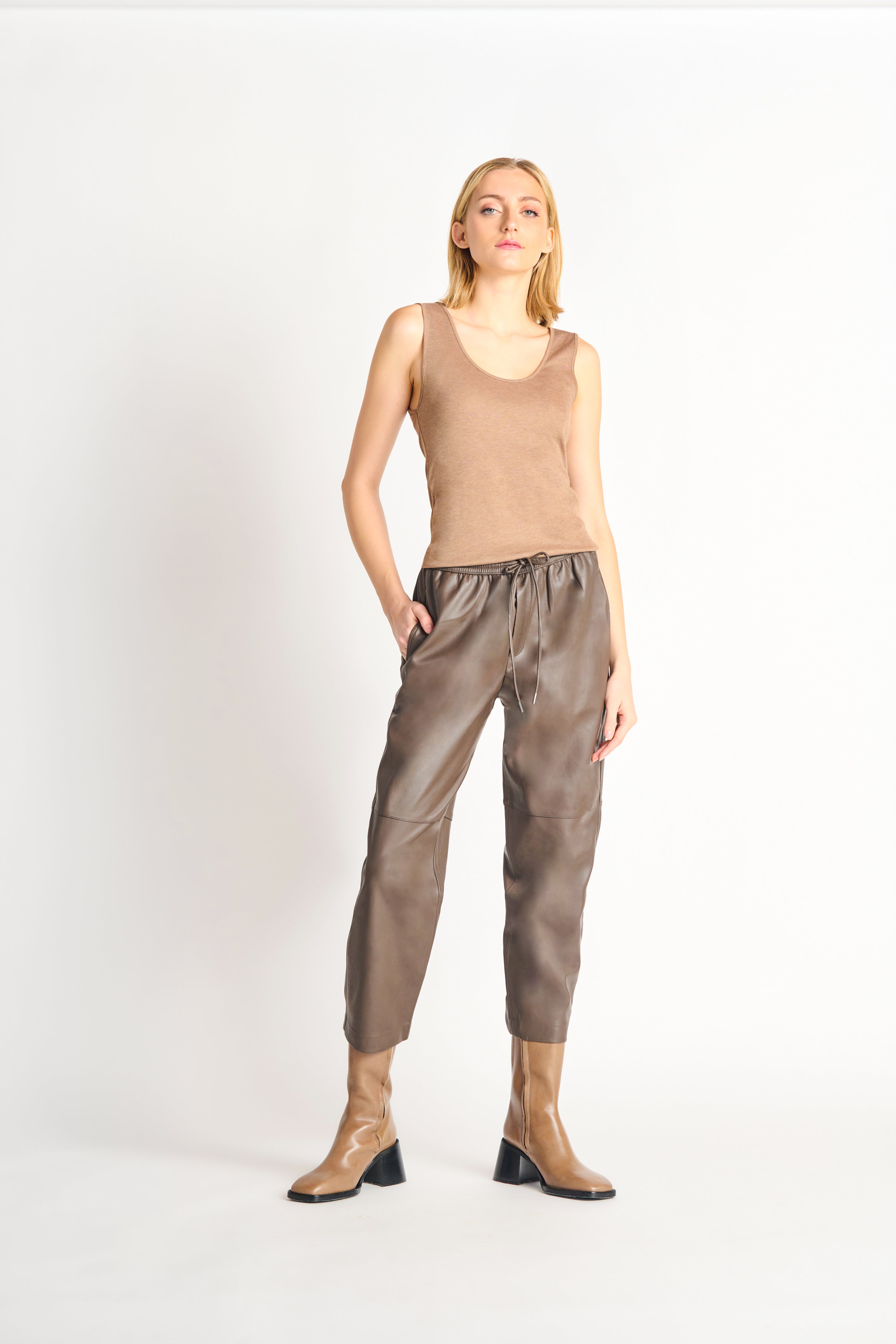 Dex Plus, Faux Leather Jogger in Olive Brown