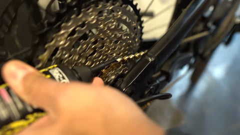 Wet lube application to chain links on electric bike on Fly Rides