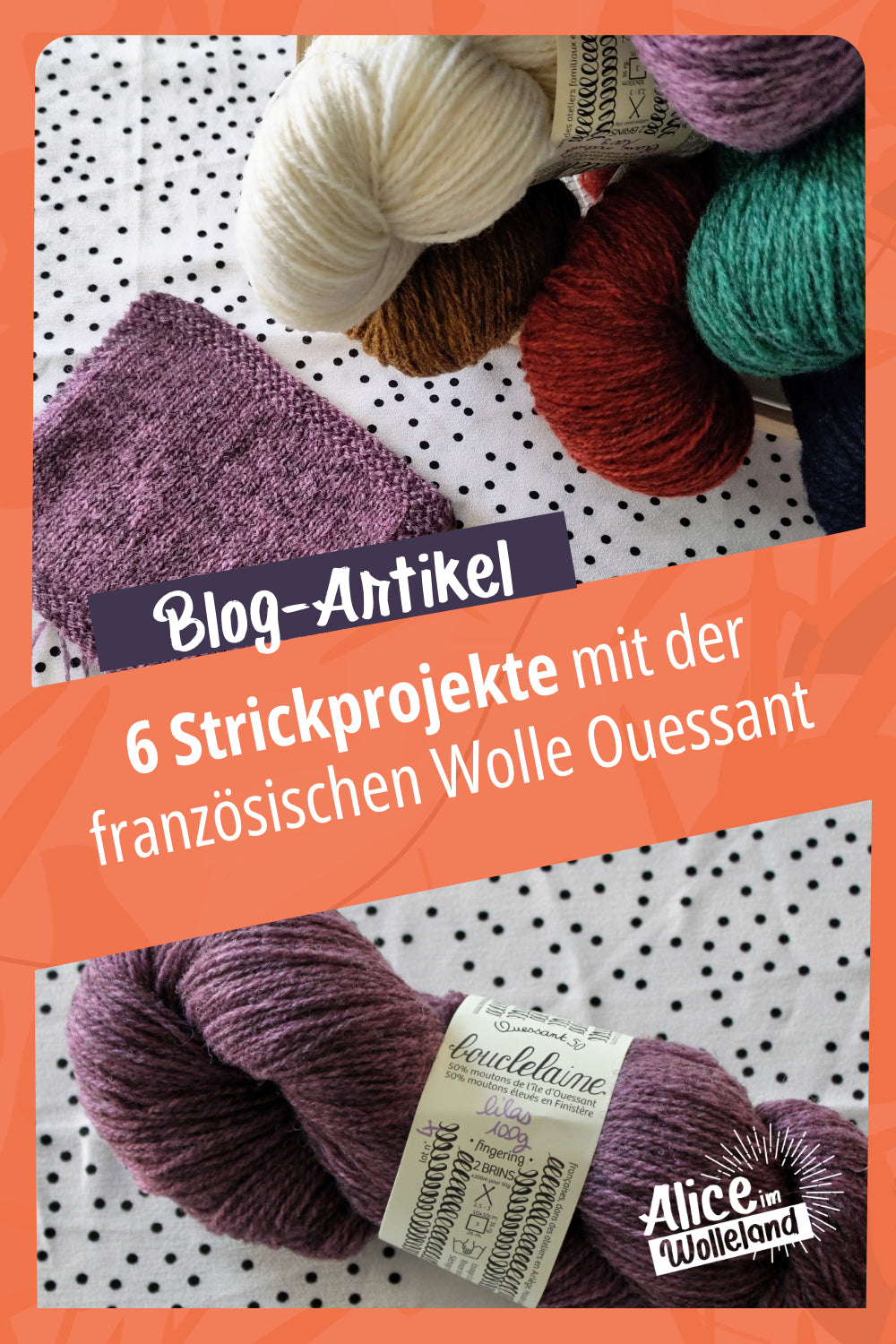 Bunte Wolle und Maschenprobe in der Farbe Lila mit dem Titel 6 Strickprojekte mit der französischen Wolle Ouessant