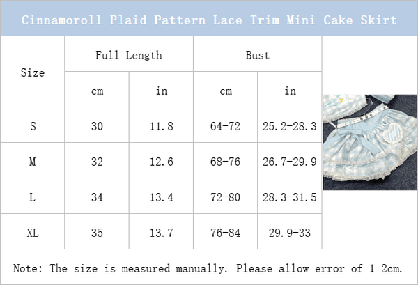 Size-Chart-of-Cinnamoroll-Plaid -Pattern-Lace-Trim-Mini-Cake-Skirt