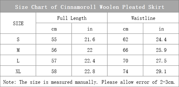 size chart of cinnamoroll grey pleated knee length skirt