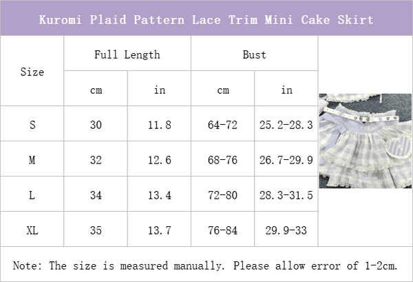 Size-Chart-of-Kuromi-Plaid -Pattern-Lace-Trim-Mini-Cake-Skirt