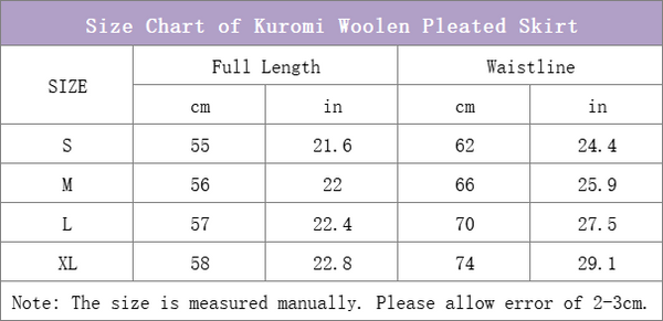 size chart of kuromi black pleated knee length skirt