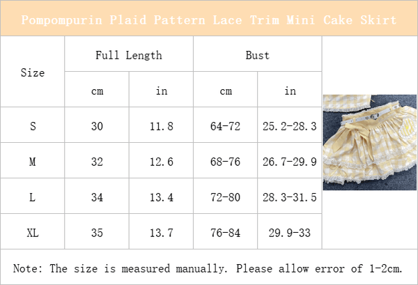 Size-Chart-of-Pompompurin-Plaid -Pattern-Lace-Trim-Mini-Cake-Skirt