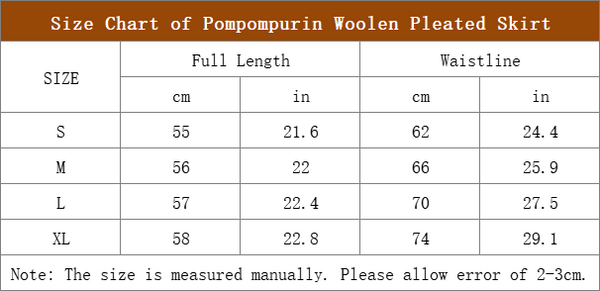 size chart of pompompurin brown knee length pleated skirt