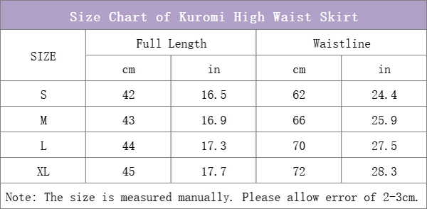 Size Chart of Kuromi Black High Waist Skirt