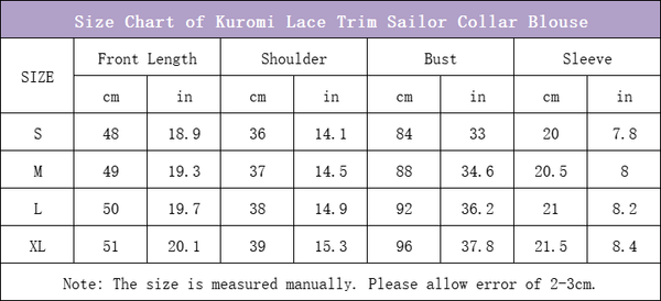 Size Chart of Kuromi Lace Trim Sailor Collar Blouse