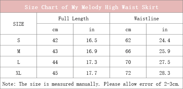 Size Chart of My Melody Pink High Waist Skirt