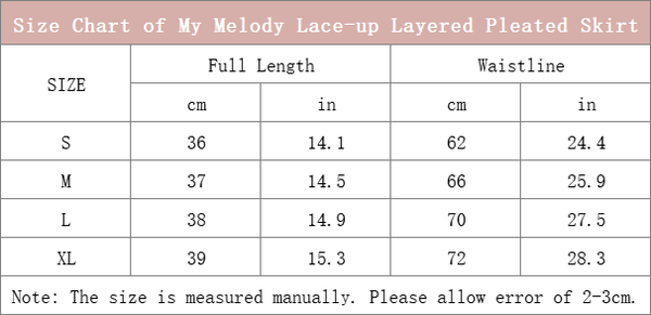 Size Chart of My Melody Lace-up Layered Pleated Skirt