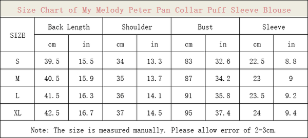 Size Chart of My Melody Peter Pan Collar Puff Sleeve Blouse