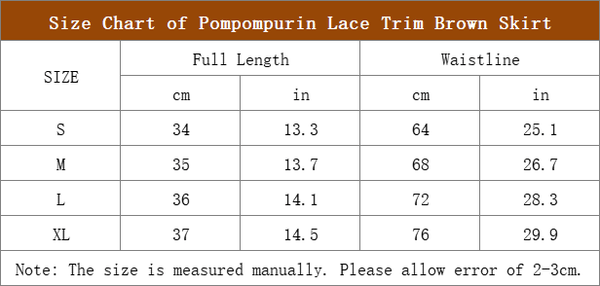 Size Chart of Pompompurin Cherry Lace Trim Brown Skirt