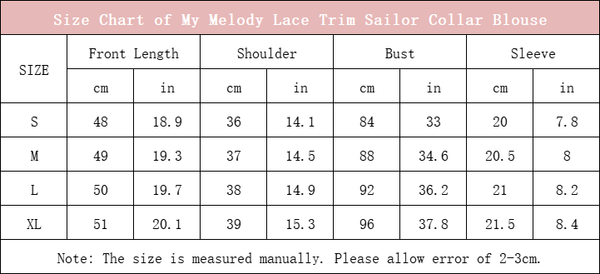 Size Chart of My Melody Lace Trim Sailor Collar Blouse