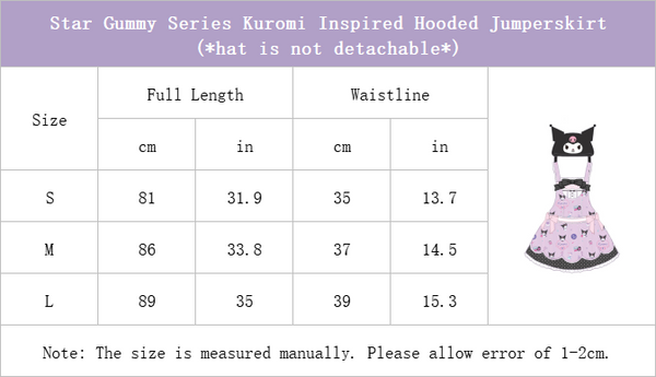 Size Chart of Star Gummy Series Kuromi Inspired Hooded Jumperskirt