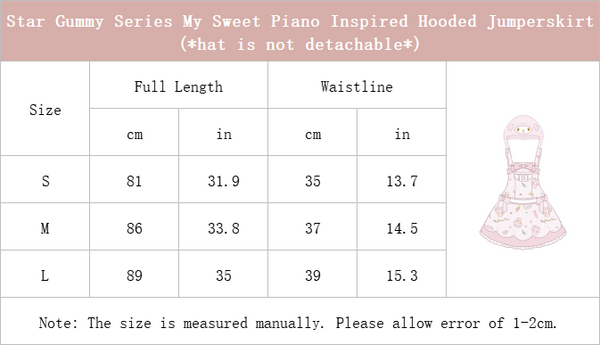 Size Chart of Star Gummy Series My Sweet Piano Inspired Hooded Jumperskirt