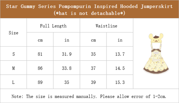 Size Chart of Star Gummy Series Pompompurin Inspired Hooded Jumperskirt