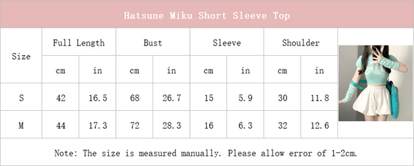 Size Chat of Hatsune Miku Turquoise Short Sleeve Cop Sweater