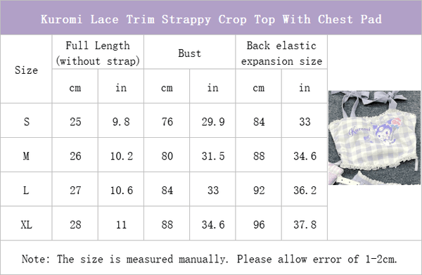 size-chart-of-Kuromi-Lace-Trim-Strappy-Crop-Top