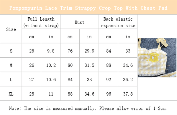size-chart-of-Pompompurin-Lace-Trim-Strappy-Crop-Top