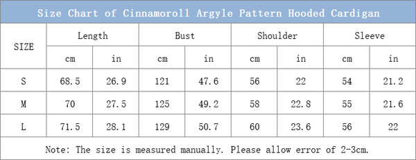 size chart of the cinnamoroll blue argyle pattern hooded cardigan