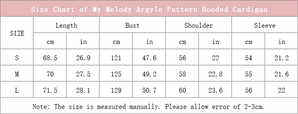 size chart of my melody argyle pattern hooded cardigan