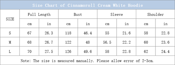 size chart of cinnamoroll cream white hoodie