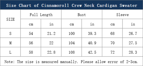 size chart of the cinnamoroll navy crew neck cable knit cardigan