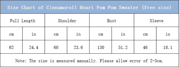 size chart of cinnamoroll heart pom pom loose sweater